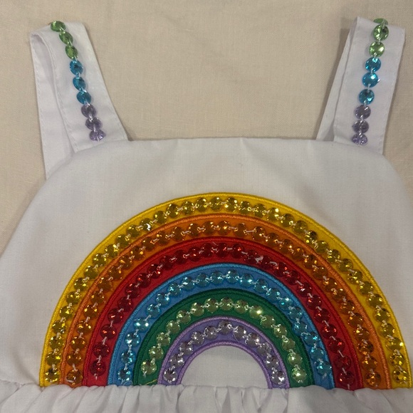 Lola and the Bous White beaded rainbow dress and Denim shorts - Picture 3 of 7
